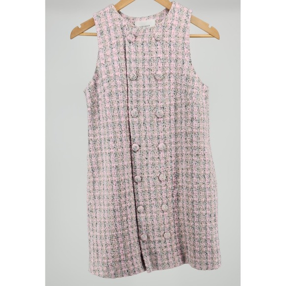Pomander Place Dresses & Skirts - Pomander Place Pink Grey Tweed Plaid Double Breasted Sleeveless Shift Dress M